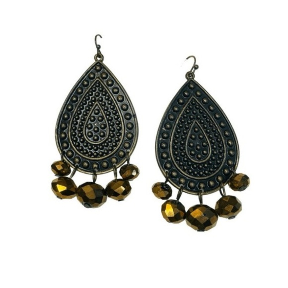 Vintage Y2K Beaded Tear Drop Earrings Silver Tone Metal Copper Textured Dangle